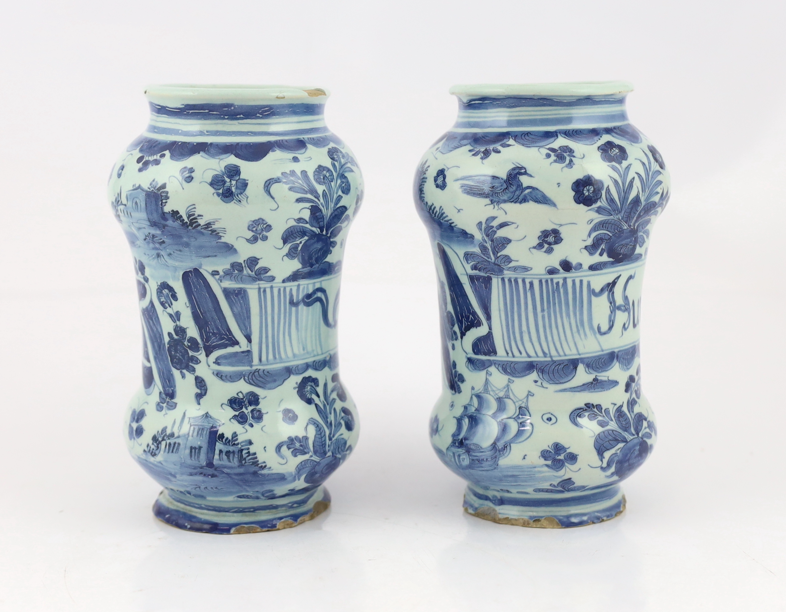 A pair of Italian blue and white maiolica albarellos, Savona, late 17th century, glaze losses, latter chipped